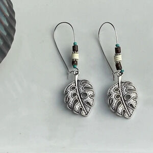 Beaded Boho Silver Leaf Earrings